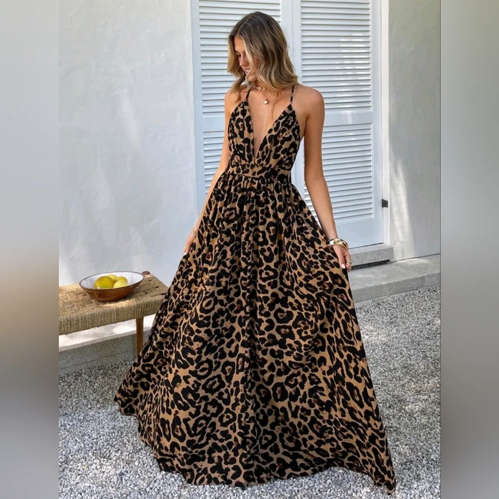 New Flowy Boho Leopard Print Maxi Dress Plunge V Neck Halter Long Black Brown - Picture 5 of 11